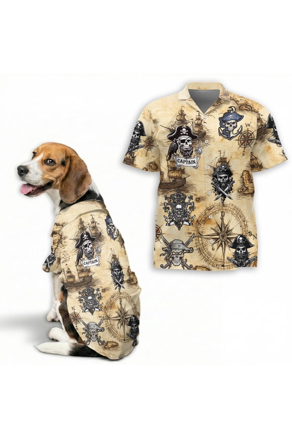 Vintage Pirate Skull Hawaiian Shirt, Pirate Captain Skull Ship and Compass Map Print Button Down Shirt for Adults or Dogs, Short Sleeve Summer Shirt