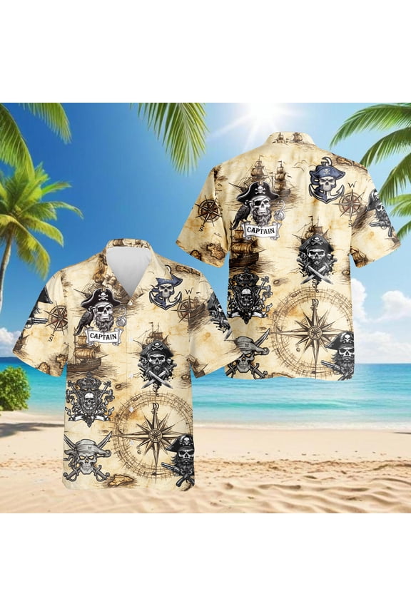 Vintage Pirate Skull Hawaiian Shirt for Men, Button Down Summer Beach Short Sleeve, Retro Style, Sizes S-5XL