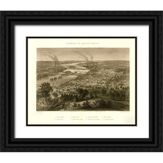 Vintage Places 14x12 Black Ornate Wood Framed with Double Matting Museum Art Print Titled - Richmond Virginia and Vicinity during the Civil War 1863