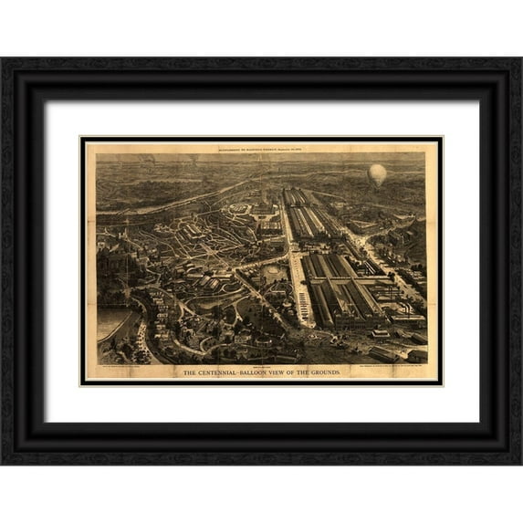 Vintage Places 18x13 Black Ornate Wood Framed with Double Matting Museum Art Print Titled - Balloon View of the Centennial Fairgrounds in Philadelphia-Pennsylvania 1876