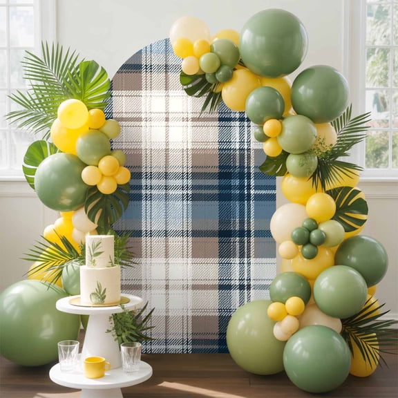 Vintage Plaid Arch Backdrop Cover, 6FT, Blue Brown White Plaid Texture Cotton Spandex Arch Covers Double-Sided Backdrop for Wedding Birthday Party Photo Background Decoration