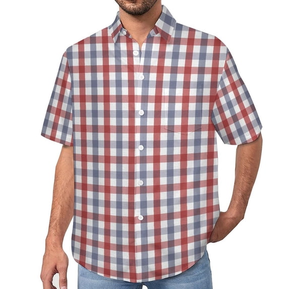 Vintage Plaid Beach Shirt Red And Blue Hawaiian Casual Shirts Men Vintage Blouses Short Sl