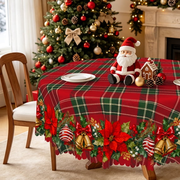 Vintage Plaid Christmas Round Tablecloth,60 Inch,Stain‑Resistant Table Cover with Poinsettia Bell Prints for Farmhouse Holiday Dinner