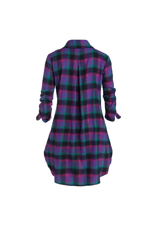 Vintage Plaid Coats for Women, Fashion Zipper Asymmetrical Hem Tunic Jacket Lapel Long Sleeve Pocket Shirt Gothic Tops