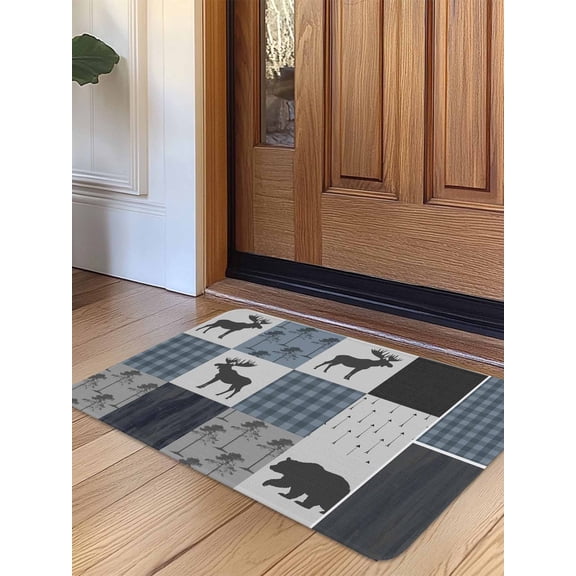 Vintage Plaid Door Mat Indoor Outdoor Entrance,Non Slip Small Rug for Kitchen Bathroom Entryway Rug,Farmhouse Bear Deer Trees Forest Checked Washable Doormat Floor Mat for Office Home 16x24 Inch
