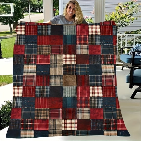 Vintage Plaid Flannel Throw - Warm, Durable, Red Blue White Patchwork - Perfect for Couch, Bed, Travel & Birthday Gift