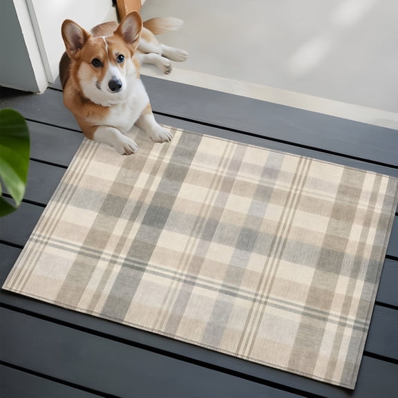 Vintage Plaid Front Door Rugs 2x3ft Winter Country Farmhouse Pastoral Grey Beige Gingham Washable Rug, Non Slip Indoor Carpet Absorbent Floor Mat for Living Room Bedroom Dining Room
