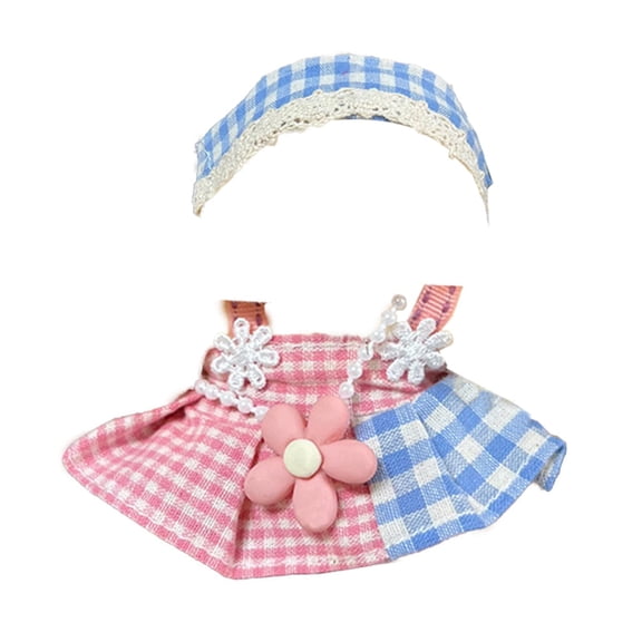 Vintage Plaid Headband and Skirt Set for Dolls, Handmade Gingham Dress Accessories with Bear Brooch, Lace Trim Design