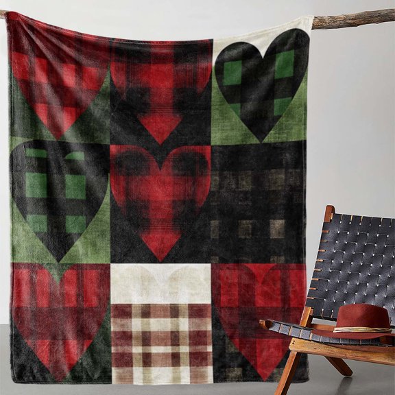 Vintage Plaid Heart Pattern Flannel Throw Blanket, Soft, Cozy, Comfortable, Digital Print Polyester Knit, with for Sofa, Bed, Office, Camping, Travel - All-Season Gift Blanket