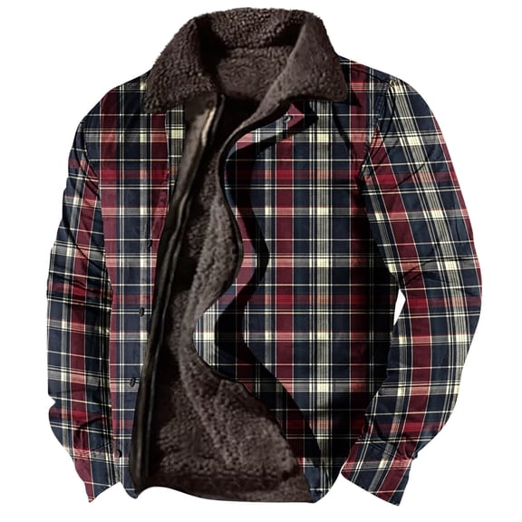 Vintage Plaid Jacket for Men Casual Collar Button Down Wool Jackets Winter Warm Outerwear Coats, Blue, M