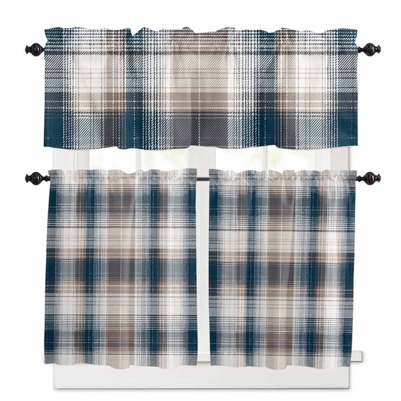 Vintage Plaid Kitchen Curtains Valances and Tiers Set of 3, 36 Inch Length Tier Curtains and Valance Rod Pocket Valance Curtains Set for Kitchen Bathroom Small Windows