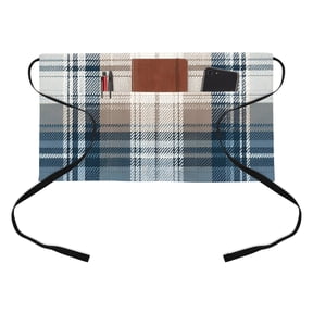 Vintage Plaid Kitchen Restaurant Half Waist Apron, Blue Brown White Plaid Texture Cotton Server Short Apron with 3 Pockets Waterproof Oil Waist Aprons for Women Waitress Waiter