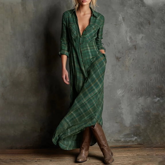 Vintage Plaid Maxi Dress for Women Long Sleeve a Line Flowy Dress Flannel Shirt Long Dresses Green XL