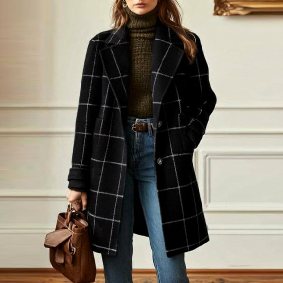 Vintage Plaid Mid-Length Wool Coat for Women, Notched Lapel Single Breasted Casual Fall Winter Overcoat 01-Black L