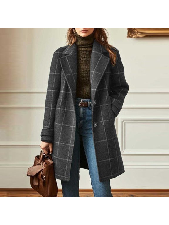 Vintage Plaid Mid-Length Wool Coat for Women, Notched Lapel Single Breasted Casual Fall Winter Overcoat 05-Gray XL