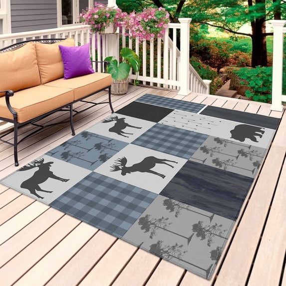 Vintage Plaid Outdoor Rug for Patio/Deck/Porch, Non-Slip Large Area Rug 6 x 9 Ft, Farmhouse Bear Deer Trees Forest Checked Indoor Outdoor Rugs Washable Area Rugs, Reversible Camping Rug Carpet Runner