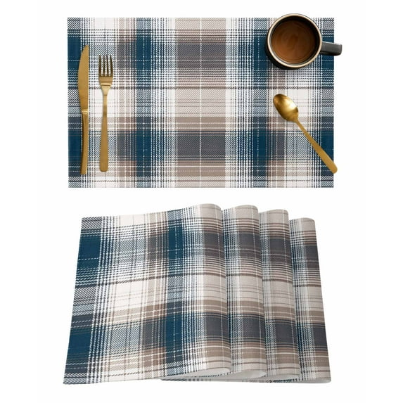 Vintage Plaid Placemats Set of 6 Brown Navy Plaid Texture Abstract Art Heat Insulation Washable Place Mats, Rustic Non-Slip Table Mats for Dining Table Party Kitchen Decor,13x19 Inch