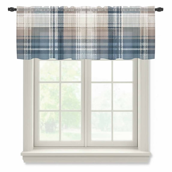 Vintage Plaid Semi Sheer Valance Curtains Blue Brown White Plaid Texture Cotton Voile Valances Curtain Rod Pocket Small Window Treatment for Kitchen Bathroom Cafe 42"x12"
