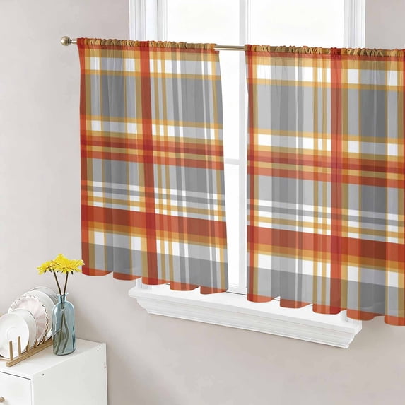 Vintage Plaid Sheer Curtains 45 Inch Length 2 Panels Set, Autumn Orange Red Grey Checkered Farmhouse Voile Window Treatment Rod Pocket Small Kitchen Curtains Drapes for Bedroom 52"x45"x2