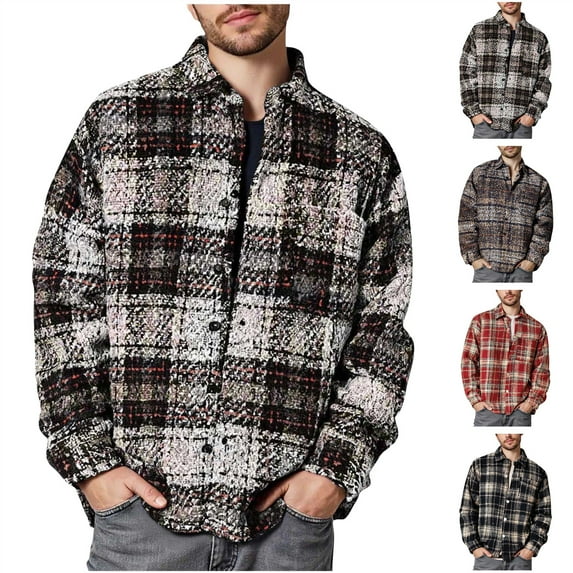 BiZtdJrK Vintage Plaid Shirts for Men Casual Long Sleeve Button Down Shirt Jackets Fall Fashion Checkered Tops with Front Pocket, Gray, L