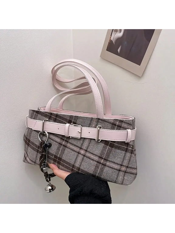 Vintage Plaid Shoulder Bag| Checkered Tote With Pendant, Perfect For Commute, Shopping & Holiday Gifts