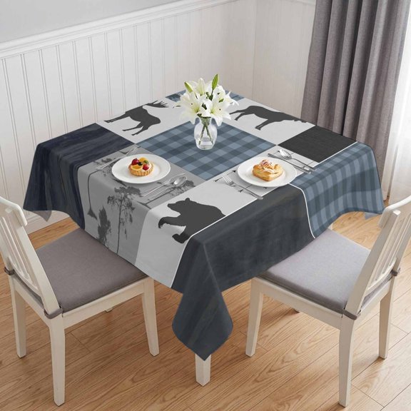 Vintage Plaid Table Cloth Waterproof Tablecloths, Farmhouse Bear Deer Trees Forest Checked Tablecloth Dining Table Cover for Kitchen Party Tabletop Outdoor, Square Tablecloth 54x54 Inch