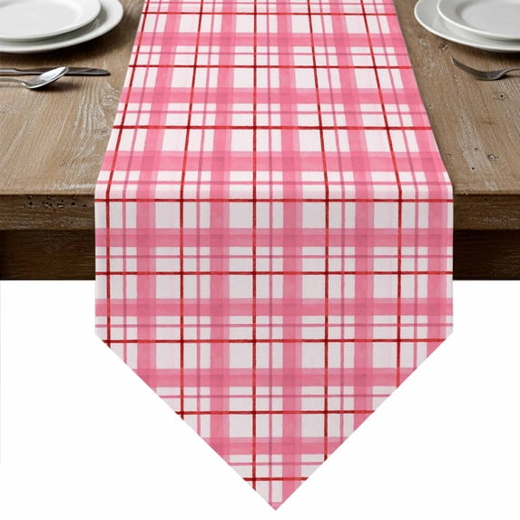 Vintage Plaid Table Runner Linen Burlap Table Runner 70 Inches Long Pink Modern Checkered Farmhouse Stripes Dresser Scarves for Kitchen Island Coffee Dining Room Party Holiday Decoration 13"x70"