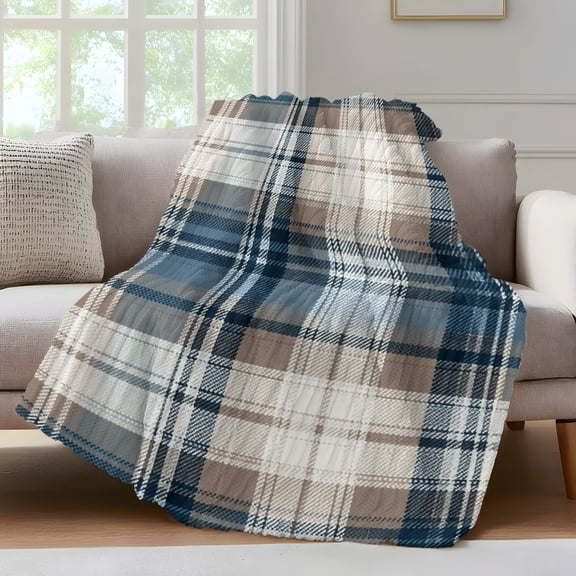 Vintage Plaid Throw Blanket for Couch Blue Brown White Plaid Texture Cotton Soft and Warm Flannel 3D Striped Fluffy Fuzzy Fleece Blanket Lightweight Throw for Bed, Sofa 30 x 40 Inches