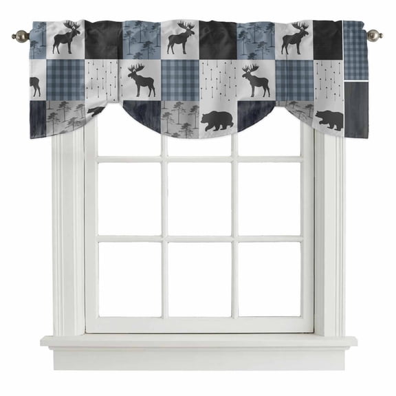 Vintage Plaid Tie Up Valance Curtains for Windows, Kitchen Curtains Window Treatments, Farmhouse Bear Deer Trees Forest Checked Short Window Shades Valances for Bedroom Bathroom Cafe 42"x12"