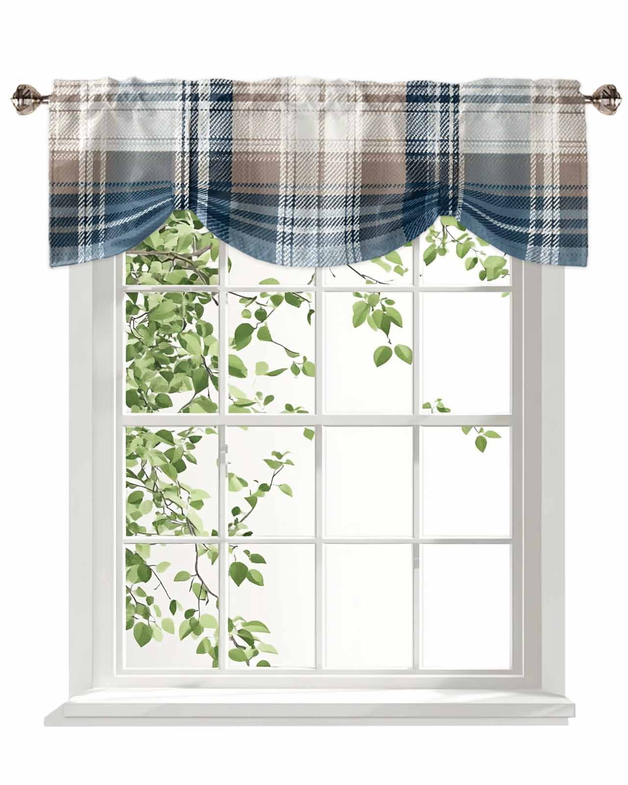 Vintage Plaid Tie Up Valances Curtain, Adjustable Kitchen Blue Brown White Plaid Texture Cotton Valances for Windows Decor, Rod Pocket Short Curtains Set for Bedroom/Bathroom, 60"x18"