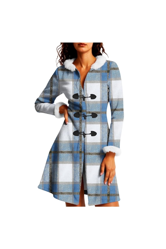 Vintage Plaid Winter Overcoat for Women Mid-Lenght Frog Button Fur Trim Hooded Trench Coat Warm Fleece Outerwear Jacket