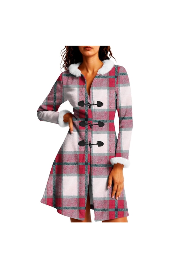 Vintage Plaid Winter Overcoat for Women Mid-Lenght Frog Button Fur Trim Hooded Trench Coat Warm Fleece Outerwear Jacket