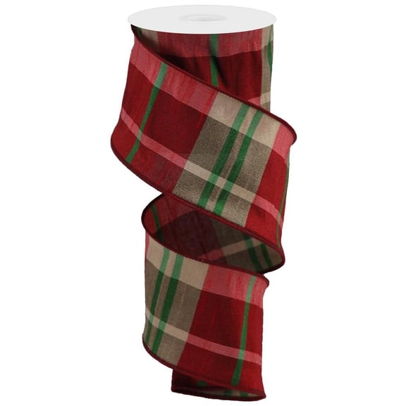 Vintage Fall Plaid Wired Ribbon - 2 1/2" x 10 Yards, Thanksgiving, Christmas, Green, Tan, Wreath