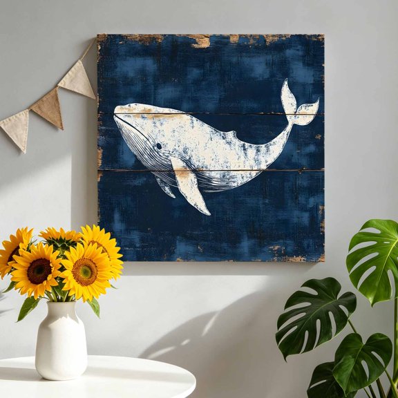 Vintage Plank Canvas Wall Art, Ocean Whale Animal Watercolor Art Pictures Wall Decor Wooden Framed Artwork Art Prints for Living Room Hallway Bedroom Office 16"x16"