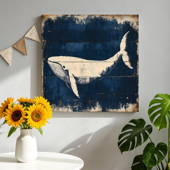 Vintage Plank Canvas Wall Art, Oceanic Whale Watercolor Art Framed Canvas Wall Decor Picture Print Artwork Decorations for Living Room Office Ready to Hang 8" x 8"