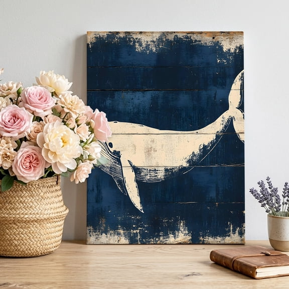 Vintage Plank Canvas Wall Art, Oceanic Whale Watercolor Art Pictures Wall Decor Wooden Framed Artwork Art Prints for Living Room Hallway Bedroom Office 24"x36"