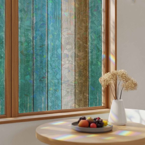 Vintage Plank Turquoise Brown Window Privacy Film,Heat Control Sun Blocking Static Cling Rainbow Film,Farmhouse Wooden Board Non-Adhesive Glass Sticker Door Window Tint,17.7" x 39.3"
