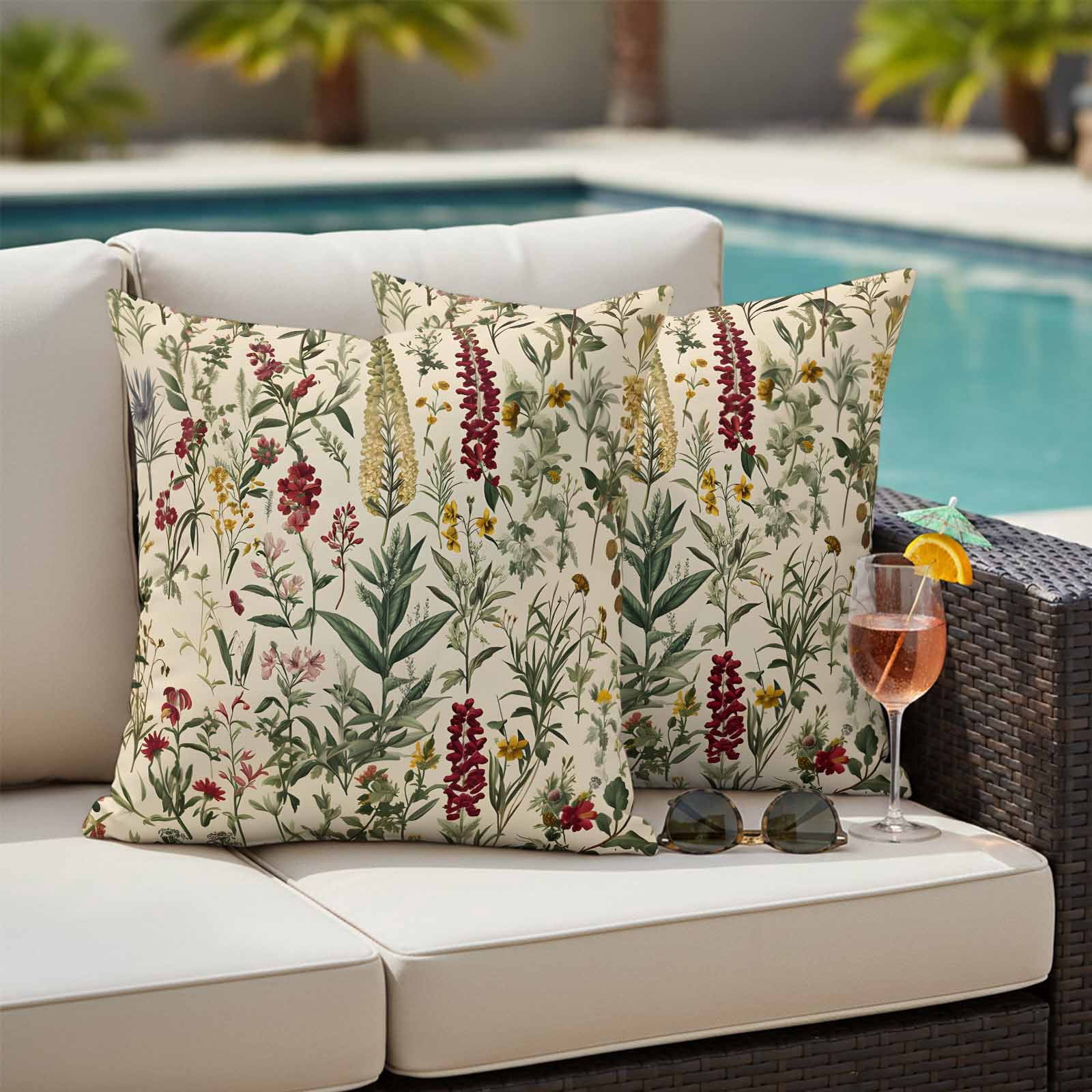 Vintage Plant Outdoor Pillow Covers 24x24 Inch Throw Pillow Covers Set of 2 Waterproof Decorative Pillow Cases Boho Botanical Flowers Green Leaf Ferns Cushion Covers for Patio Furniture Garden Couch