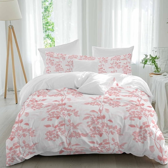 Vintage Plant Queen Size Comforter Set, Pink Leaves Nature Classic Farm Watercolor Bedding for All Seasons, 4 Pcs Bed Set, 1Quiltcover (90"x92") ,1Sheet(94"x116"), 2Pillowcases (30"x20")