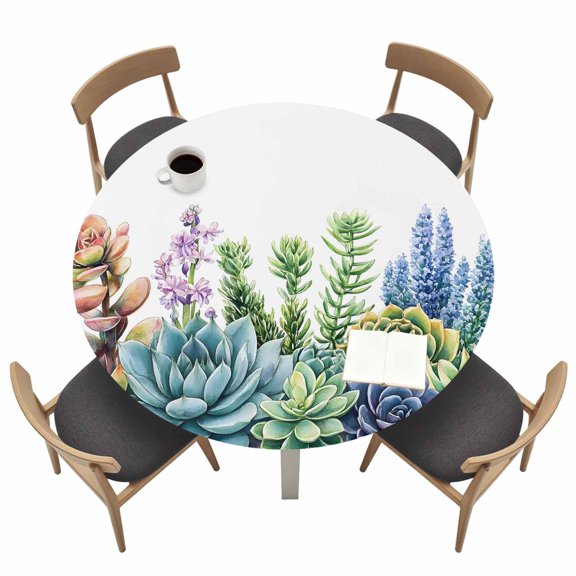 Vintage Plant Round Fitted Tablecloth with Elastic Edge Retro Country Watercolor Green Blue Leaf Plant Table Cover Fit for 45"-54" Tables Waterproof Tablecloths for Dinner Camping Picnic