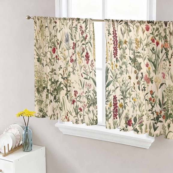 Vintage Plant Semi Sheer Curtains 45 Inch Length 2 Panels Set, Boho Botanical Flowers Green Leaf Ferns Sheer Kitchen Curtain Privacy Voile Window Curtain for Living Room Bedroom Rod Pocket Drapes