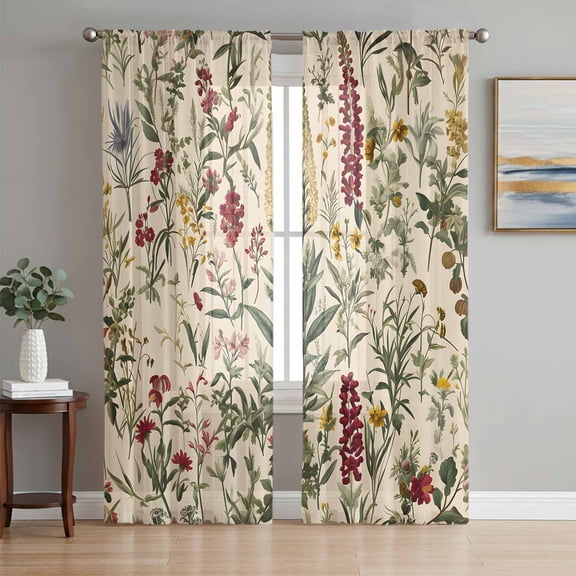 Vintage Plant Semi Sheer Curtains 84 Inch Length 2 Panels Set, Boho Botanical Flowers Green Leaf Ferns Sheer Kitchen Curtain Privacy Voile Window Curtain for Living Room Bedroom Rod Pocket Drapes