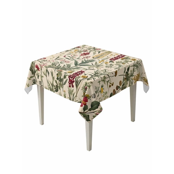 Vintage Plant Table Cloth, Boho Botanical Flowers Green Leaf Ferns Waterproof Tablecloth for Square Tables, Reusable Washable Fabric Table Cover for Restaurant Kitchen Dining Tables 60"x60"