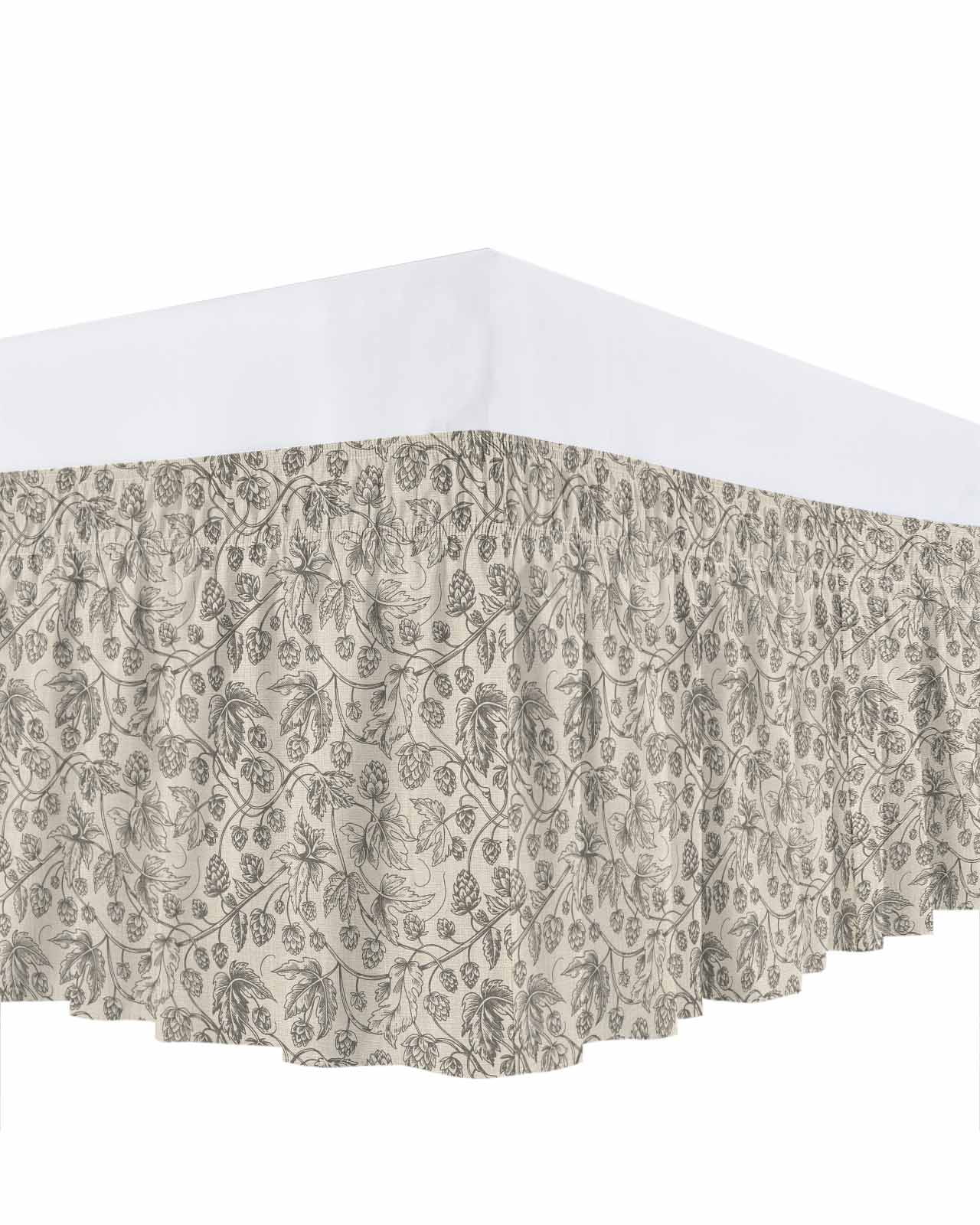 Vintage Plants Flowers Bed Skirt Queen Size 18 Inch Drop, Floral Thread Texture Adjustable Elastic Dust Ruffles Bedskirt for Queen Bed Wrap Around Pleated Mattress Frame Cover