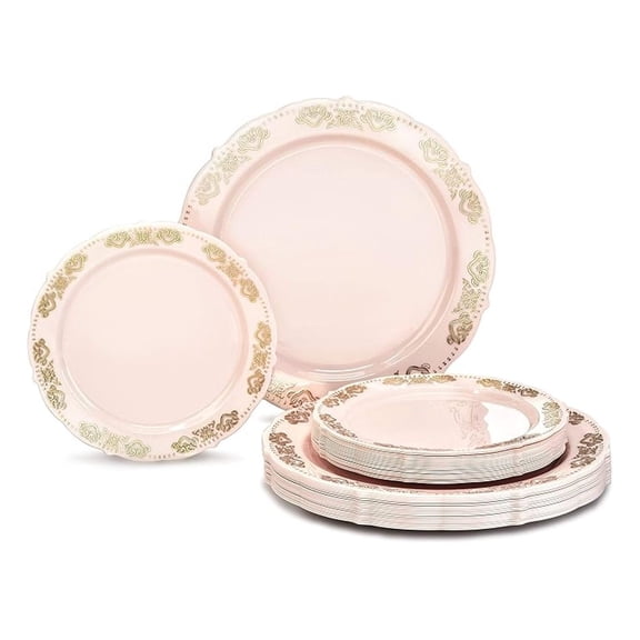 Vintage Plastic Plates 240 Pack - Disposable Wedding Plates Set for 120 Guests, 10.25" Dinner & 7.5" Salad/Dessert Plates, Light Pink
