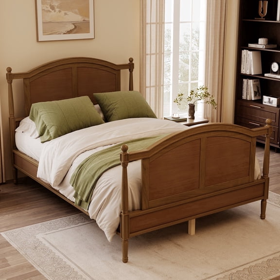 Vintage Platform Bed Full Size with Headboard and Footboard, Solid Wood Bed with Spindle Posts & Slat Support, No Box Spring Needed, Walnut