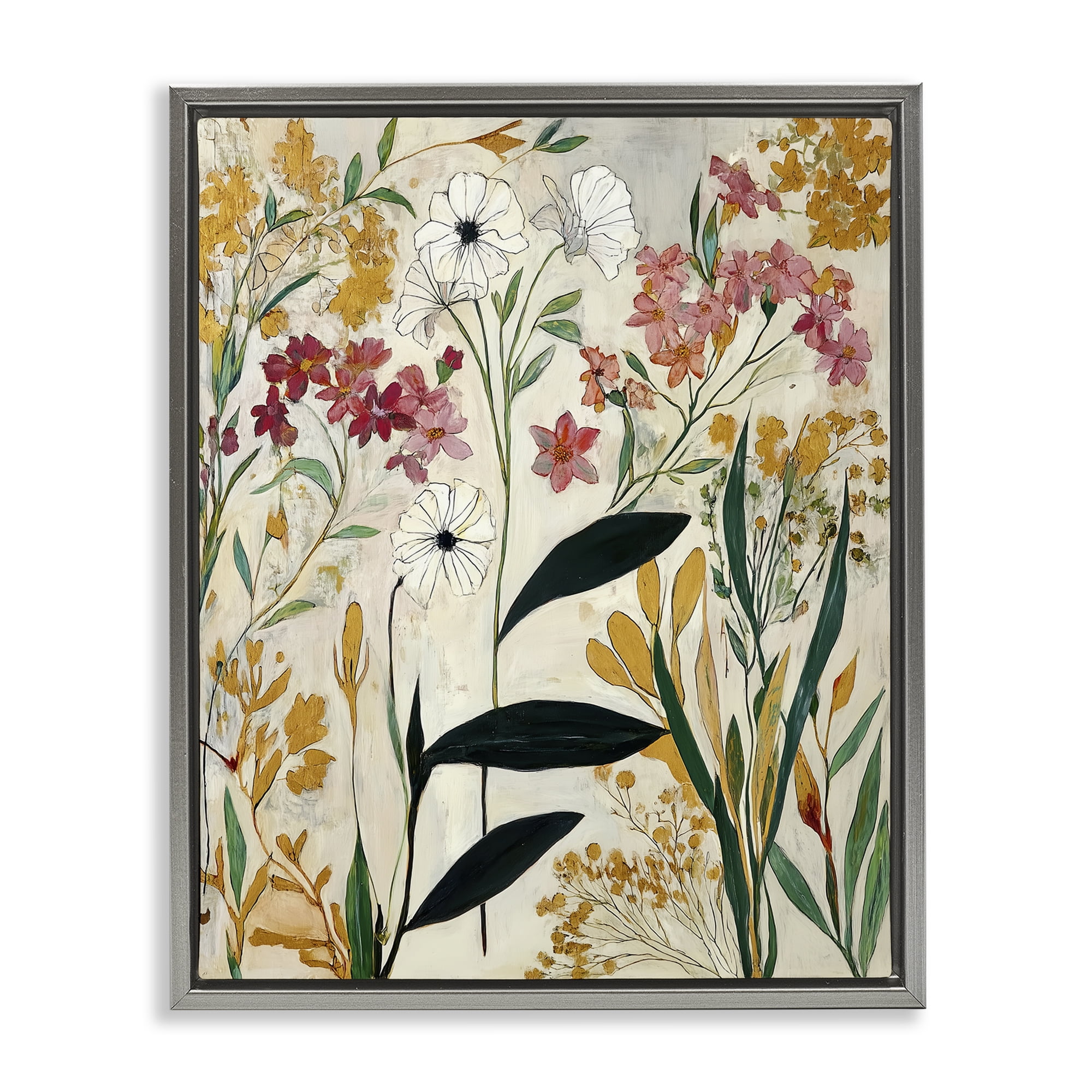 Vintage Playful Botanicals Gray Framed Floater Canvas Wall Art, design by Annabelle Hall