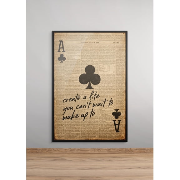 Vintage Playing Card Wall Art Ace of Clubs Motivational Quote Rustic Newspaper Style Decor, Stretched Canvas