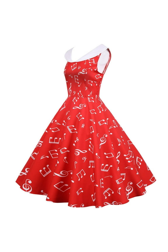 Vintage Pleated Dress for Women Sleeveless Musical Note Print Evening Party Prom Dress