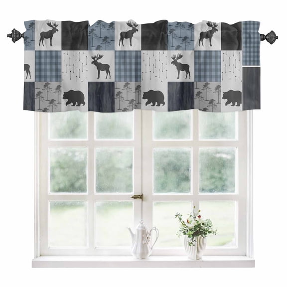 Vintage Pliad Kitchen Valances for Windows 42x12 Inch Kitchen Curtains Valances Rod Pocket Farmhouse Bear Deer Trees Forest Checked Bathroom Window Valances for Window Treatment Decor